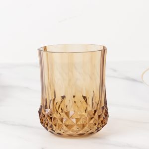 6-Pack Amber Gold Plastic Stemless Wine Glasses 8oz, Crystal Cut Style - Shatterproof Reusable Whiskey Cups