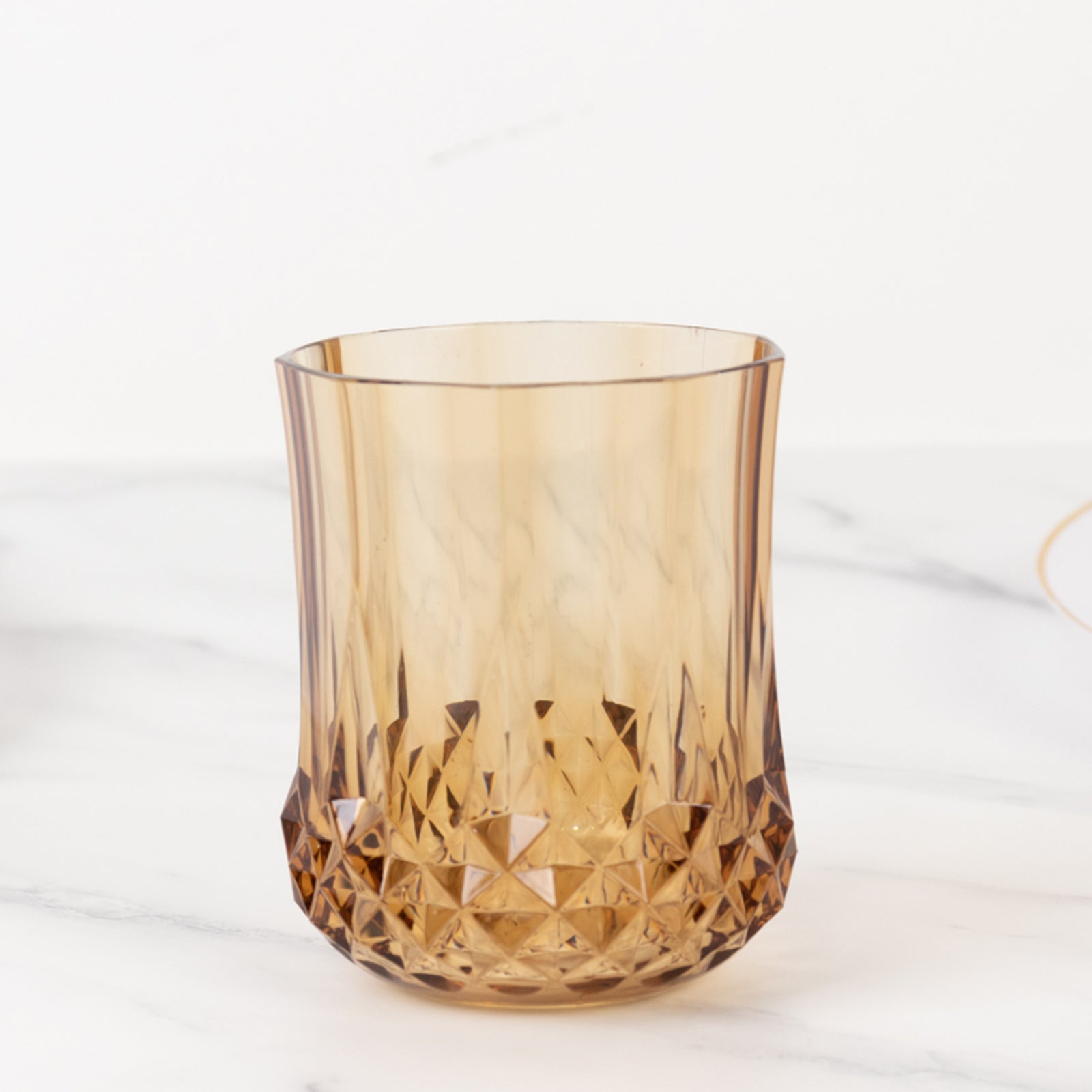 6-Pack Amber Gold Plastic Stemless Wine Glasses 8oz, Crystal Cut Style - Shatterproof Reusable Whiskey Cups